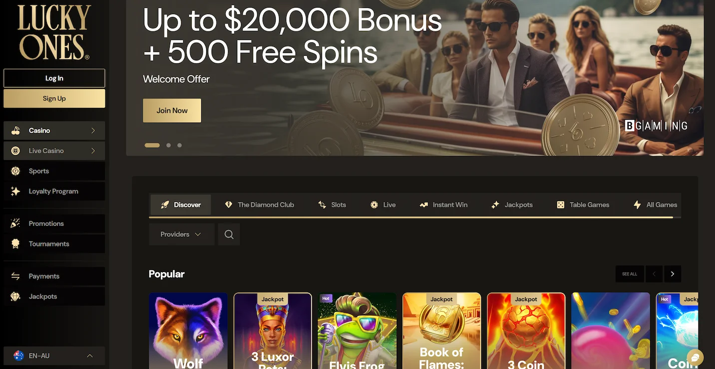 LuckyOnes Casino frontpage showing welcome bonus offer, popular online pokies and main site navigation